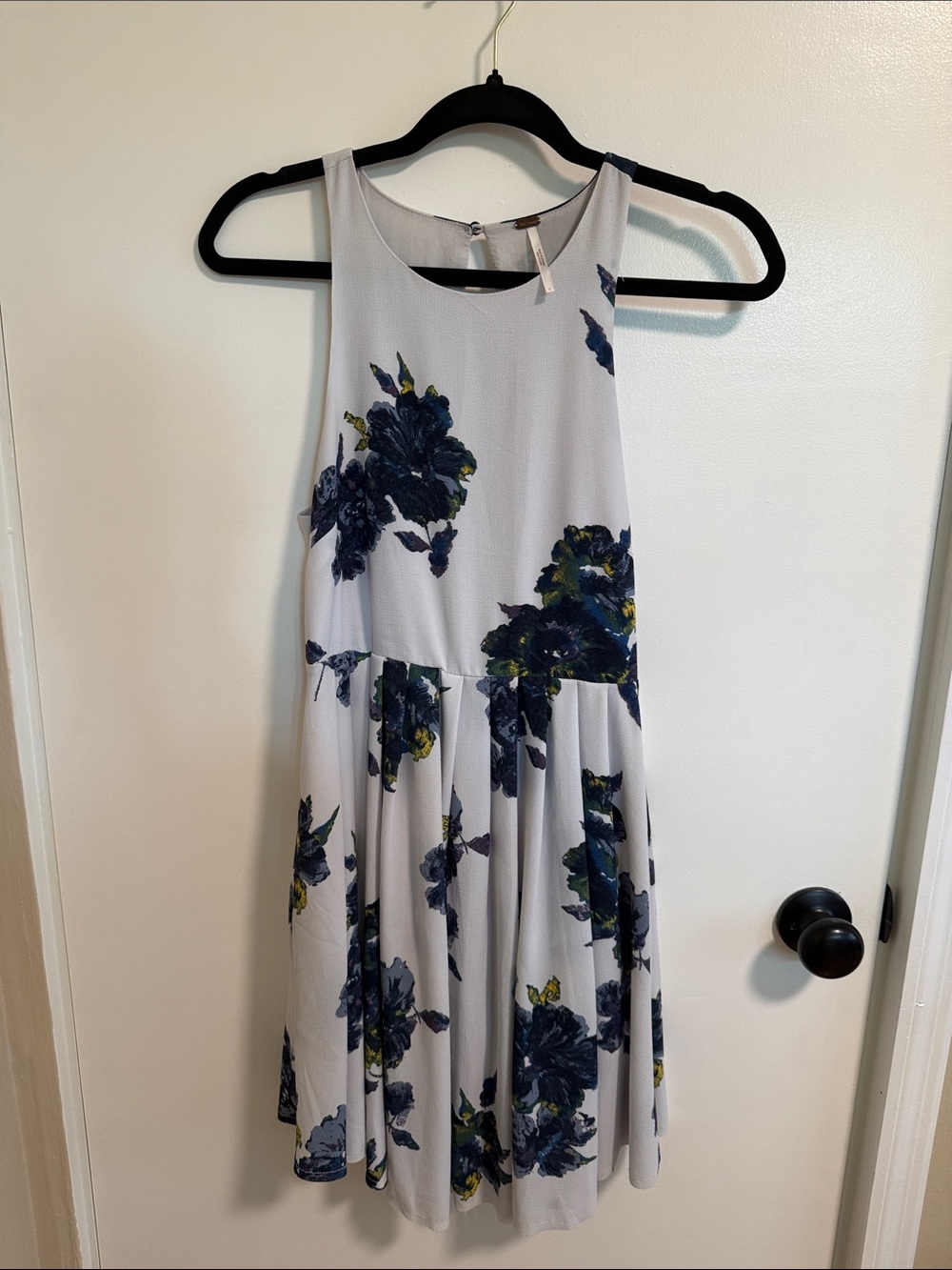 Free People White Dress with Navy Floral Print and Keyhole Back